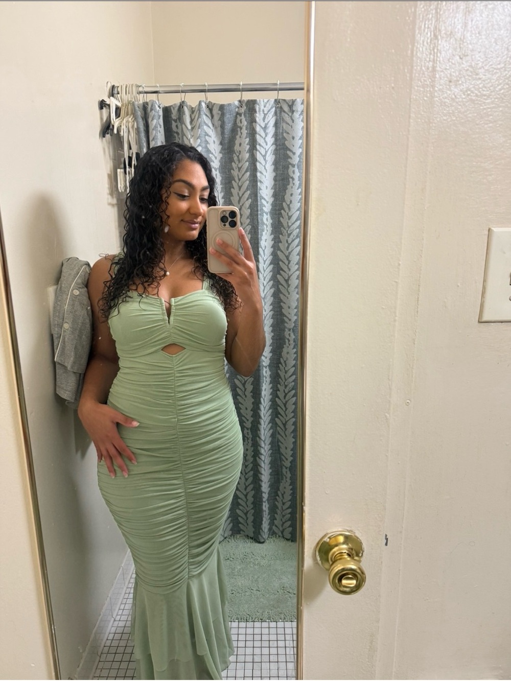 Sage Ruched Bodycon Mermaid Maxi Dress with Keyhole